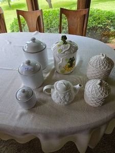 Vintage Glass Canisters, Tea Pot & Cookie Jar