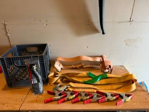 Tote of 2 Spring Clamps, Tow Strap, Tool Belt & Cable Ties