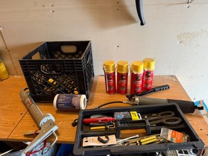 Tote of Hand Tools, Grease Gun & Spray Foam