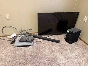 Samsung TV, Subwoofer, Sound Bar & Sony DVD Player