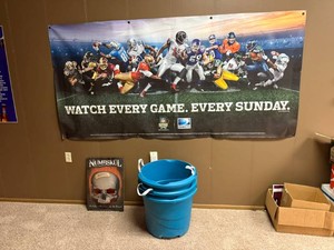 Numbskul Sign, Direct TV Football Banner & 3 Plastic Tubs