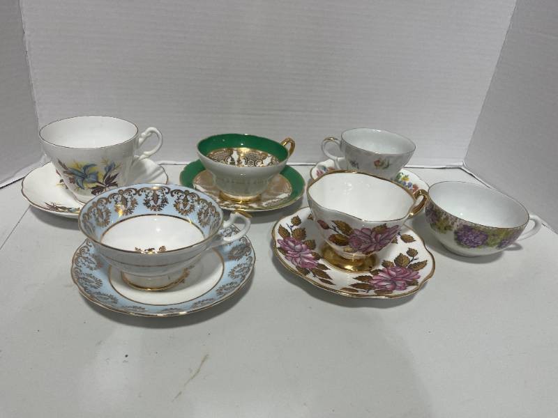 5 Vintage Cups and Saucers and bonus cup Lefton, Royal Ascot, Rosina, Salsbury, Stanley
