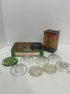 Vintage Glass Canning Jar Lids and Green Souvenir Coaster