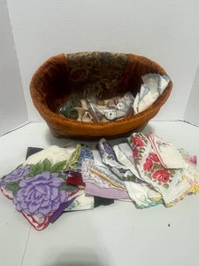 Cute Sewing Basket Filled with Vintage Hankies and Sewing Notions