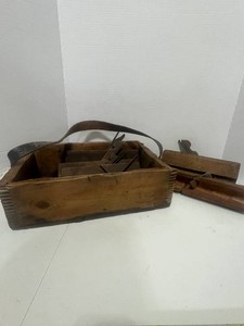 Wonderful Leather Strapped Antique Tool Box filled with Antique Wood Planes