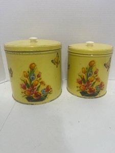 Pair of Vintage Tin Canisters with Flower Applique