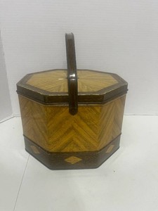 Vintage Simulated Woodgrain Tin Sewing Basket Filled with Sewing Notions