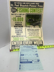 Vintage Original 1967 St. Paul Pioneer Press Fishing Contest Poster wOriginal Entry Form