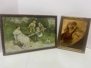 Two Vintage Framed Pictures The Family See Saw and Mother with Child
