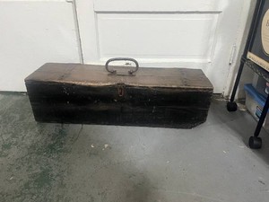 Antique Wooden Tool Box with Three Antique Hand Saws 35 X  10