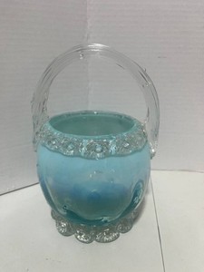 Vintage Aquamarine Opalescent Basket Applied Handle , Flowers and Thorns