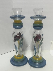 Pair of Hand Painted Glass Candle Sticks