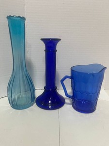 Hazel Atlas Honeycomb Pitcher, Vintage Intense Cobalt Blue Candle Stick and Light Blue Vase