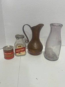 Half Pint Vintage Bank, Unopened ButterNut Coffee Can, Copper Ewer, and Purple Riecks Milk Bottle