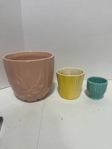 Three Vintage Planters Pink McCoy, Yellow Royal Copley, Blue Petalware (egg cup maybe)