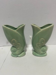 Pair of 680 USA Pottery Vases One with Chip McCoy Shawnee