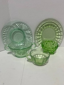 5 Pieces of Uranium Glass 2 Plates, Pedestal Bowl, Cup and Sugar