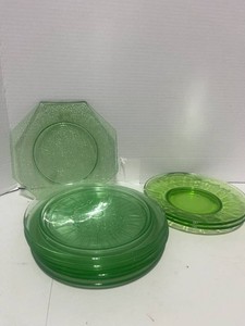 Uranium Glass 6 Tendril US Glass Plant Plates, 1 Octagon Plate, 2 Plates