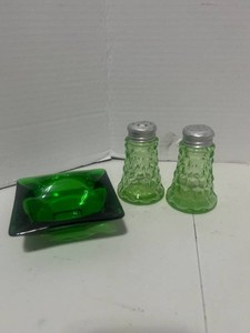 Uranium Glass Jeanette Cubist Salt and Pepper and Green Ashtray