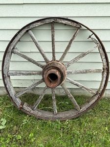 Antique Wooden Farm Wagon Wheel with Iron Rim  Primitive Rustic Barn & Garden Dcor