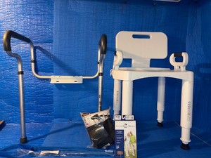 Mobility & Home Health Aid Lot  Adjustable Bath Transfer Bench, Toilet Safety Rail, Underarm Crutch, Leg Lifter & Compression Stockings