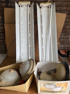 Six Vintage Ceiling & Fluorescent Light Fixtures  Glass Shades & Shop Lights