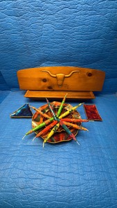 Vintage Western Longhorn Wall Shelf with Colorful Metal Starburst Candle Holder Set