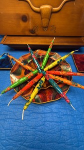 Vintage Western Longhorn Wall Shelf with Colorful Metal Starburst Candle Holder Set