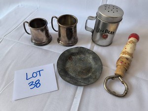 VINTAGE Assortment of bottle opener Jim Beam shaker, 2 mugs, John Deere tray - Lot of 5