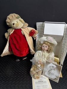 Ashton-Drake Galleries Alicia Porcelain Doll & Teddy Bear Set