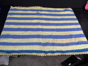 Crocheted Blue & Cream Striped Rug 36 X 22 in