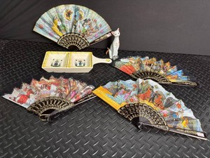 Decorative Folding Fans, Cat Figurine & Divided Tray Mixed Lot