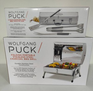 Wolfgang Puck Folding Portable BBQ Grill & Tools New in Box