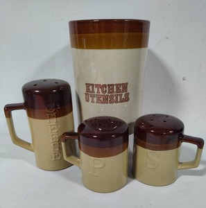 Vintage Stoneware Utensil Crock, CheeseSaltPepper Shakers