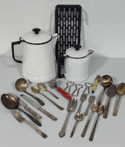 Enameled Coffee Pots, Misc Kitchen ToolsPlated Silverware