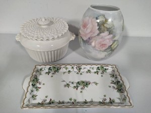 Hobnail USA Pottery Lidded Casserole Dish, Signed Floral Vase & Bogart & Burton Serving Platter
