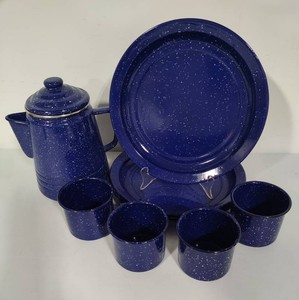 Blue Speckled Enamel Camping PlatesCupsCoffee Percolator