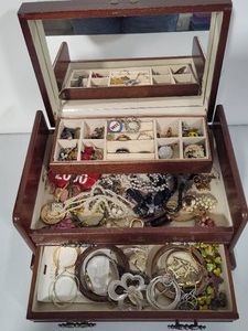 Wooden Jewelry Box Loaded with Jewelry