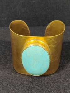 Hammered Gold Tone Faux Turquoise Cuff Statement Bracelet