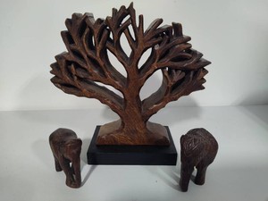 Intricate Hand Carved Elephants & Wooden Tree Sculpture