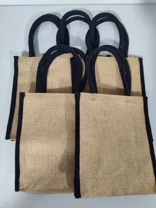 Five Small Burlap Handled Totes