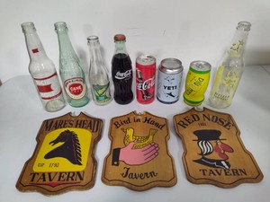Vintage Wooden Bar Signs, Glass Bottles & Cans