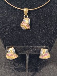Pretty Multi-Colored Silver Tone PendantPierced Earring Set