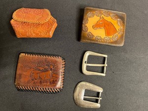 VTG Leather Wallets & Belt Buckles Mixed Lot - 3 Wallets, 2 Buckles