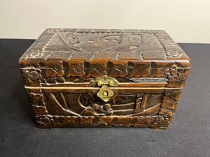 Antique Carved Wooden Table Top Storage Chest - Hand-Carved Figural Motif Brass Hardware