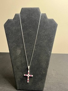 Cross Pendant Necklace - 925 Silver Tone With Red Stones