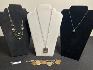 Costume Jewelry - Coin Charm Bracelet, Pendant Necklaces & 925 Cross