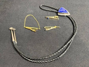 Bolo Tie & Tie Clips Mixed Lot - Blue Stone, Braided Cord & Gold-Tone Clips