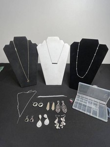 Costume Jewelry Mixed Lot - Necklaces, Earrings, Bracelet & Ring w Plastic Travel Case