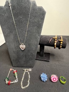 VTG Costume Jewelry Mixed Lot - Heart Necklace, Bracelets & Rings